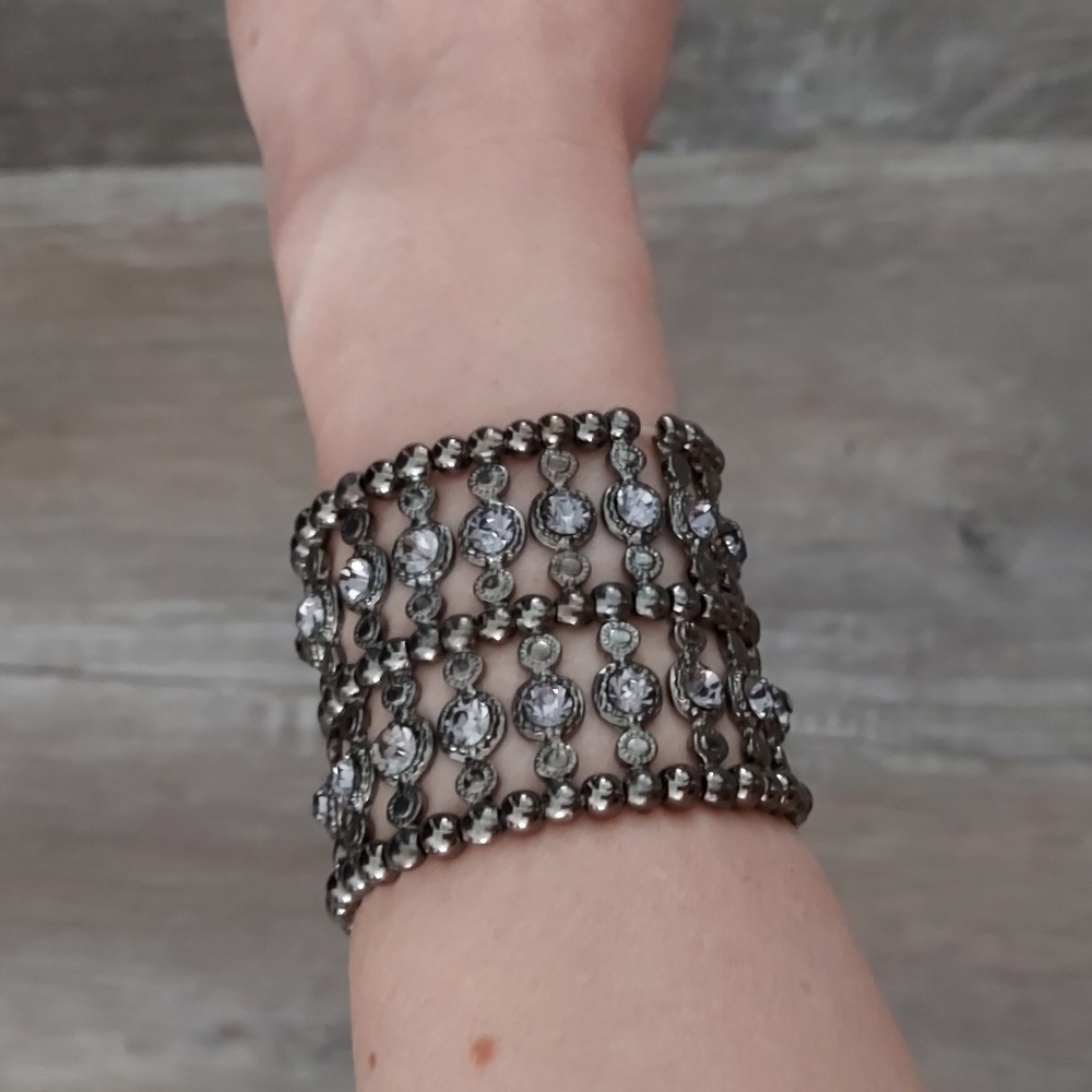 Gunmetal Rhinestone Crystal Stretch Cuff Statement Bracelet